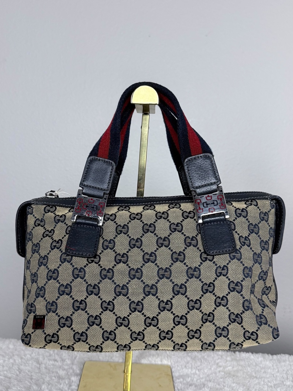 👜Authentic💚Gucci Boston Beige/Blue GG Canvas Mini Satchel